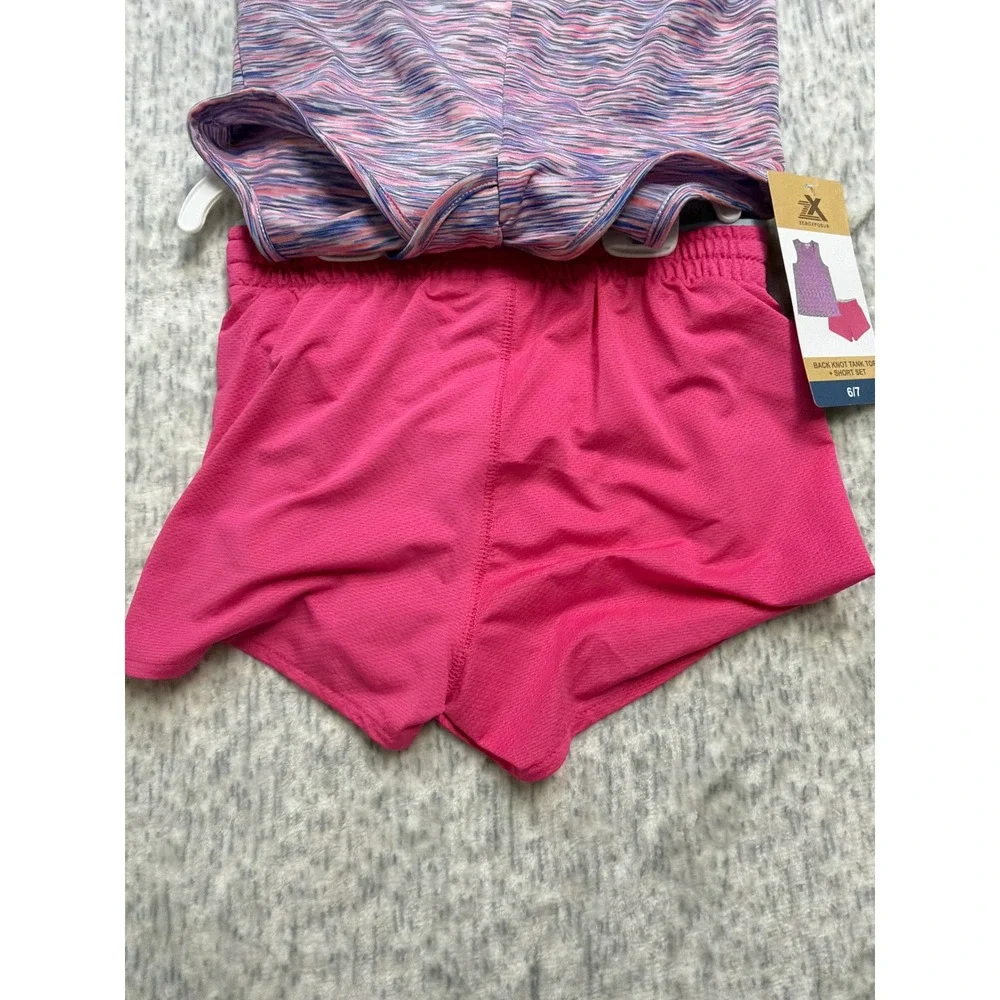 ZeroXposur Girls 2PC Active Set Back Knot Tank Top Shorts Pink Space Dye 6/7‎